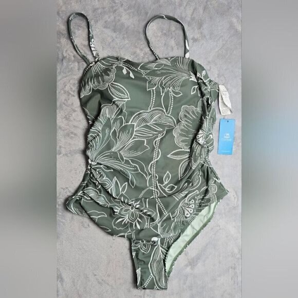 137.🆕 XL Floral Print Shirred Cutout One Piece Green Swimsuit NWT - Picture 3 of 4